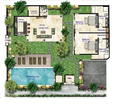 a floor plan of a villa with a swimming pool at Hevea Villas in Seminyak