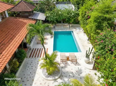 an overhead view of a swimming pool in a yard at Ocean Luxury Villas - Private Pool Seminayk in Seminyak