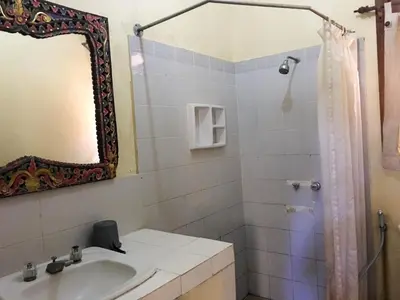 a bathroom with a sink and a mirror and a shower at Sari Bali Resort in Kuta