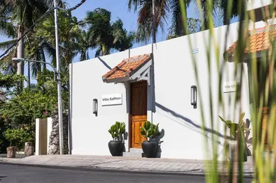 a white building with a door and potted plants at Villa Saffron in Seminyak
