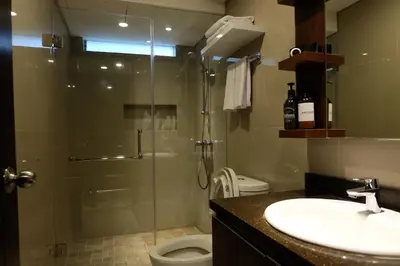 a bathroom with a shower and a sink and a toilet at Wirton Seminyak in Denpasar