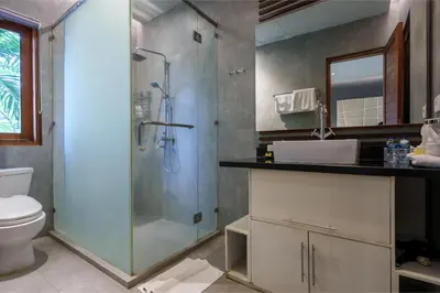 a bathroom with a shower and a toilet at Villa Orange 3BR Seminyak by Exotic Bali Properties in Seminyak