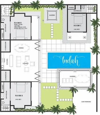 a floor plan of a villa with a swimming pool at Beautiful Villa Indah in Seminyak