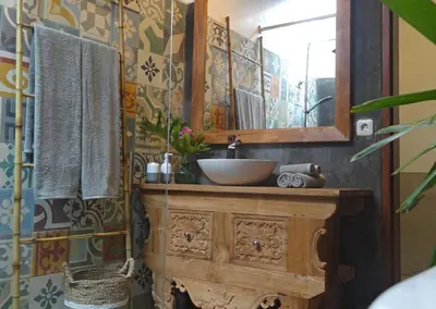 a bathroom with a sink and a mirror at 3BR Villa Olli - Minggu Villas -Special Stay Bonus in Kerobokan