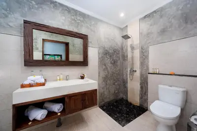 a bathroom with a sink and a toilet and a mirror at Kusuma Living and Villa Seminyak in Seminyak