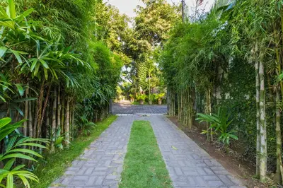 a path through a garden with trees and grass at Mango Tree Villas Jimbaran Bali in Jimbaran