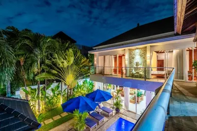 an aerial view of a house with a water slide at AQ-VA Hotel & Villas Seminyak in Legian