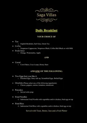 a screenshot of the menu for the sugar villas drink checklist at Saga Villas Legacy in Seminyak