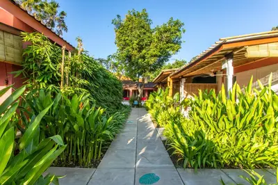 a walkway in front of a house with plants at PinkPrivate Sanur - for Cool Adults Only in Sanur