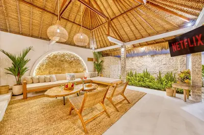 a living room with a couch and a table at Villa Barcelona - Private 6 BDR Brand New Villa in Seminyak, Best Location, large Pool & Garden in Seminyak
