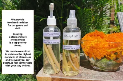 two bottles of essential oils next to a bowl of food at Villa London - Private 4 BDR Villa in Seminyak, Pool & Garden in prime Location in Seminyak