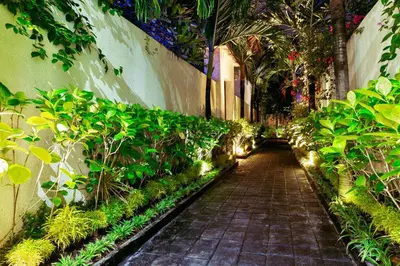 a walkway in a greenhouse with plants and lights at D&G Villas Nusa Dua in Nusa Dua