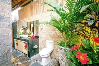 a bathroom with a toilet and a sink and plants at Villa Ellen in Seminyak