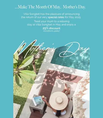 a flyer for the month of may with two people sitting on a patio at Villa Songket in Kerobokan