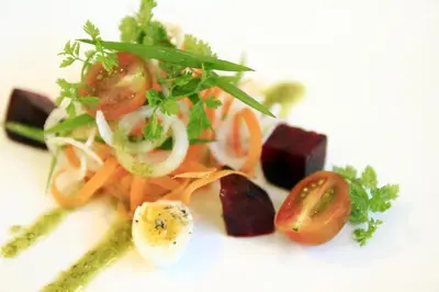 a white plate with a salad with tomatoes and vegetables at Mars City Hotel in Denpasar