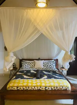 a bedroom with a bed with a canopy at Luka Villas - Luxury 2 Bedroom Private Pool Villa in Seminyak