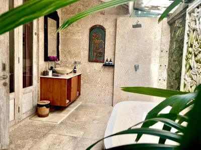 a bathroom with a tub and a sink and a plant at villa LA PLAYA in Seminyak