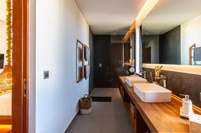 a bathroom with three sinks and a large mirror at PROMO Luxury 4bd Villa in HotSpot with Huge Private Pool in Seminyak