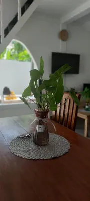 a vase with a plant in it on a table at Villa Olivia in Seminyak