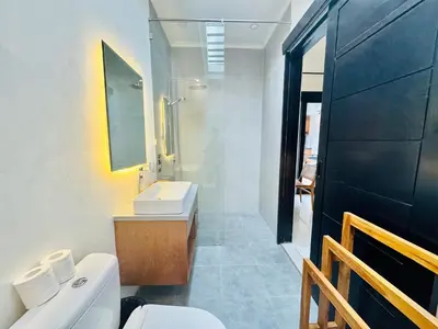 a bathroom with a sink and a toilet and a mirror at Villa Banua Seminyak in Seminyak