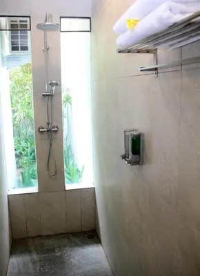 a shower stall in a bathroom with a window at Delu Villas & Suite in Kerobokan