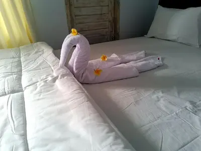 a pink towel animal shaped like a swan on a bed at Roy Guest House in Canggu