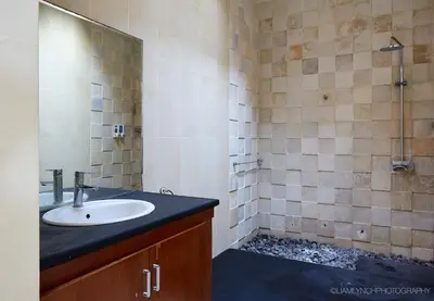 a bathroom with a sink and a shower at Villa Nicola in Seminyak
