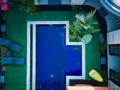 a blue swimming pool with a palm tree next to it at Villa Jae in Seminyak