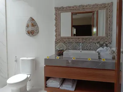 a bathroom with a sink and a toilet and a mirror at Kubu Garden Suites & Villas Nusa Dua in Nusa Dua