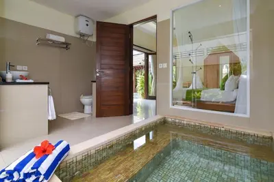 a bathroom with a swimming pool in a villa at Villa Intan in Legian
