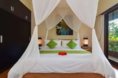 a bedroom with a white bed with a canopy at Villa Intan in Legian
