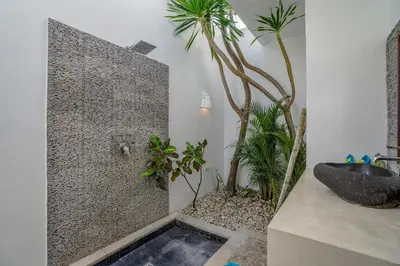 a bathroom with a shower with a sink and palm trees at Villa Art Gecko, 2BR private haven in Heart of Batu Belig, Seminyak in Canggu