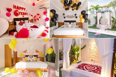 a collage of photos of a birthday room with balloons at Villa Mia Seminyak - Boutique Villas - II in Seminyak