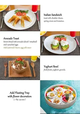 a collage of four pictures of food on a plate at Villa Mia Seminyak - Boutique Villas - II in Seminyak