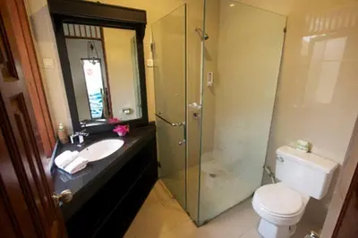 a bathroom with a shower and a toilet and a sink at Largest Villa in Kuta Royal C1 - Turquoise Villa in Kuta
