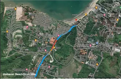 a map with a blue and red at Jimbaran BeachStroll Villa (2BR) in Jimbaran