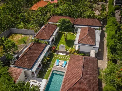 an aerial view of a house with a swimming pool at SHAKA CLAN SURF in Canggu