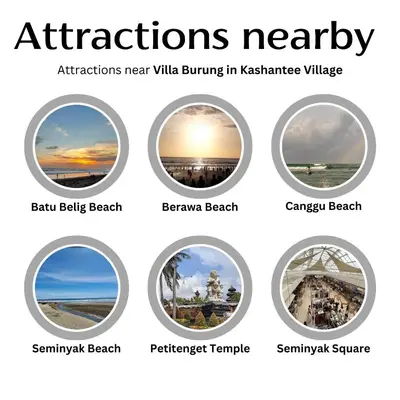 a collage of photos of attractions near the beach at Villa Burung in Kashantee Village in Seminyak